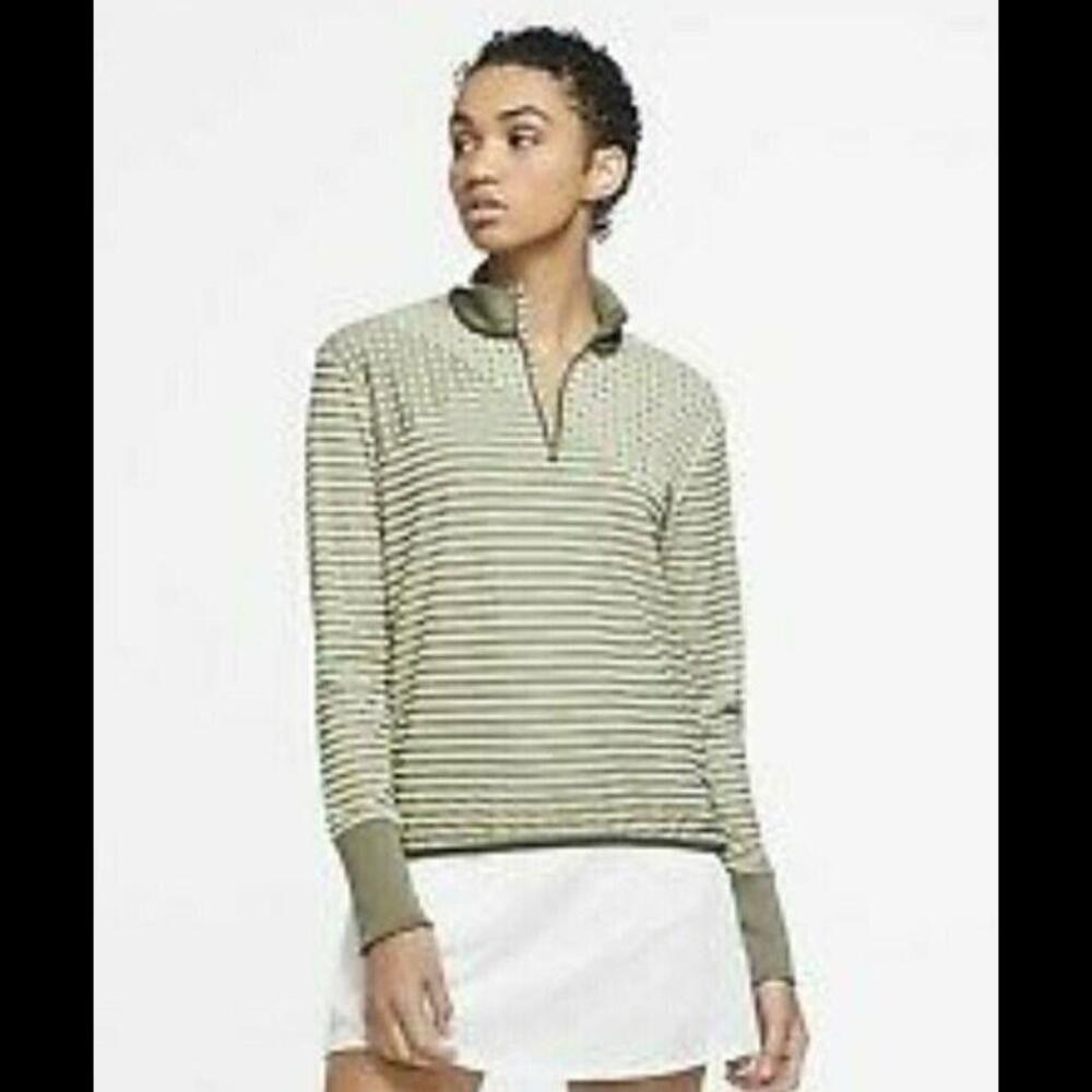 Nike Dri Fit UV Ace Striped Quarter Zip Golf Top Olive Green Women CK5860-222